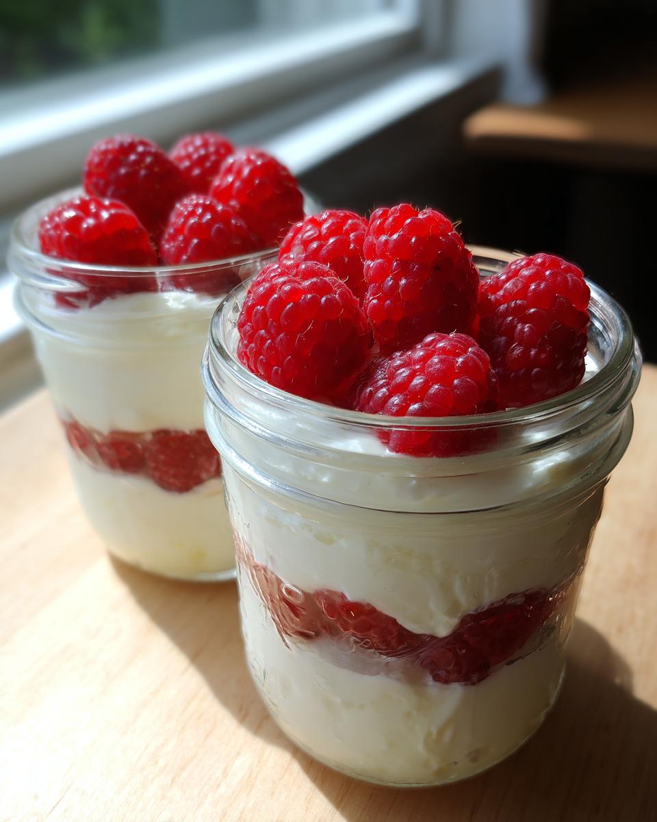 Two glass jars filled with layered cottage cheese dessert and fresh raspberries, perfect for a high-protein cottage cheese dessert.