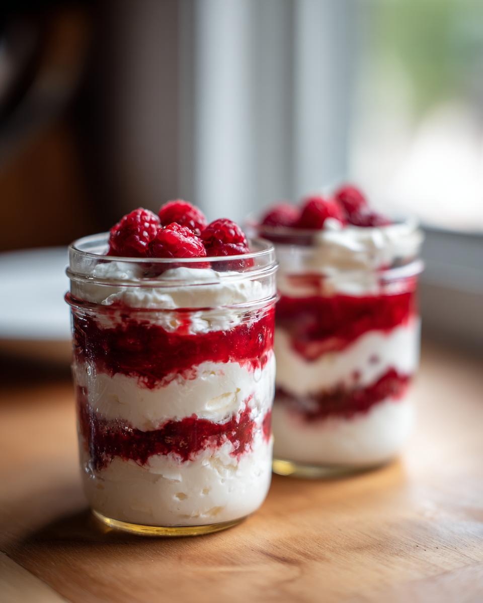 Two jars filled with a layered cottage cheese dessert featuring white cream and bright red raspberry swirl, topped with fresh raspberries.
