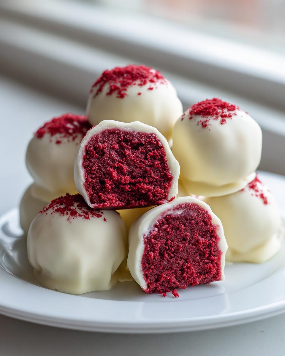 A stack of white chocolate covered red velvet cake balls, with two cut in half showing the rich red interior.