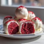 Close-up of several red velvet cake balls dipped in white chocolate, one cut open to show the vibrant red interior.