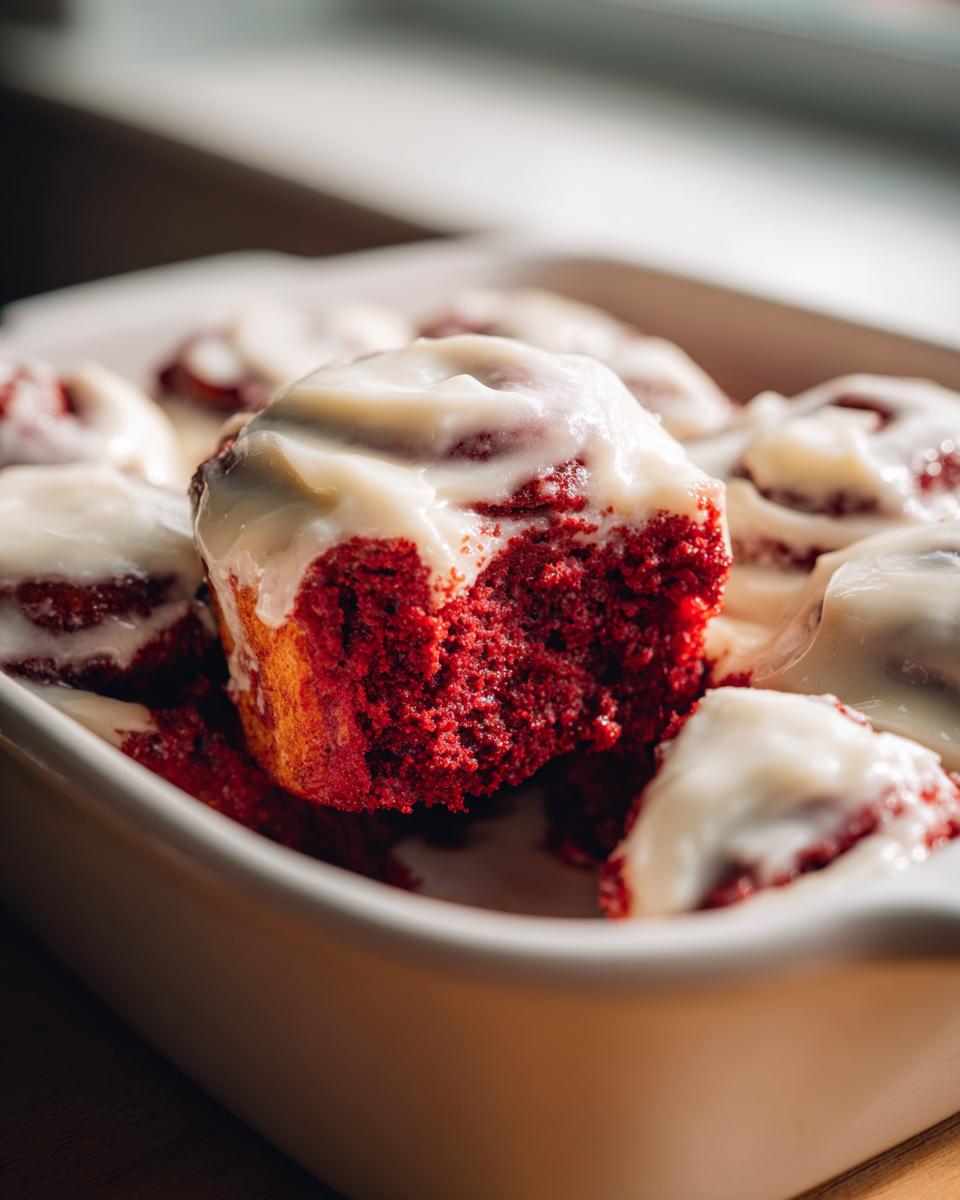 A close-up shot showing the texture of a soft, bright red velvet cinnamon roll topped with thick white cream cheese frosting.