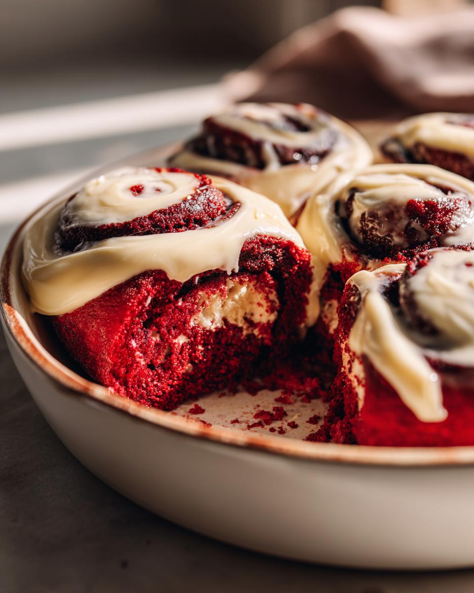 A close-up of several vibrant red velvet cinnamon rolls topped with thick cream cheese frosting in a baking dish.