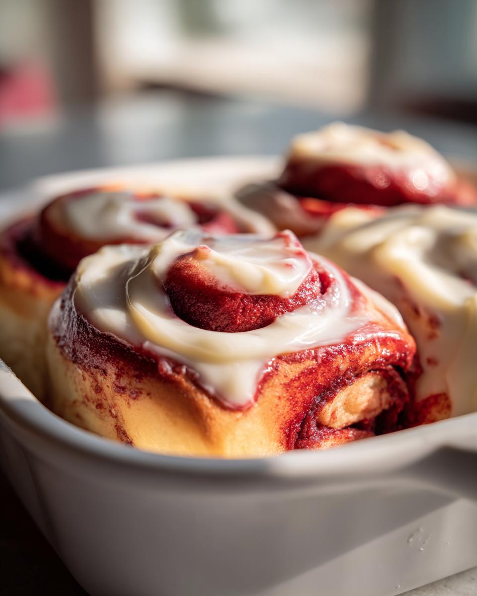 Close-up of several freshly baked red velvet cinnamon rolls topped with thick white cream cheese frosting in a white baking dish.