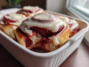 Close-up of gooey red velvet cinnamon rolls topped with thick white frosting in a white baking dish.