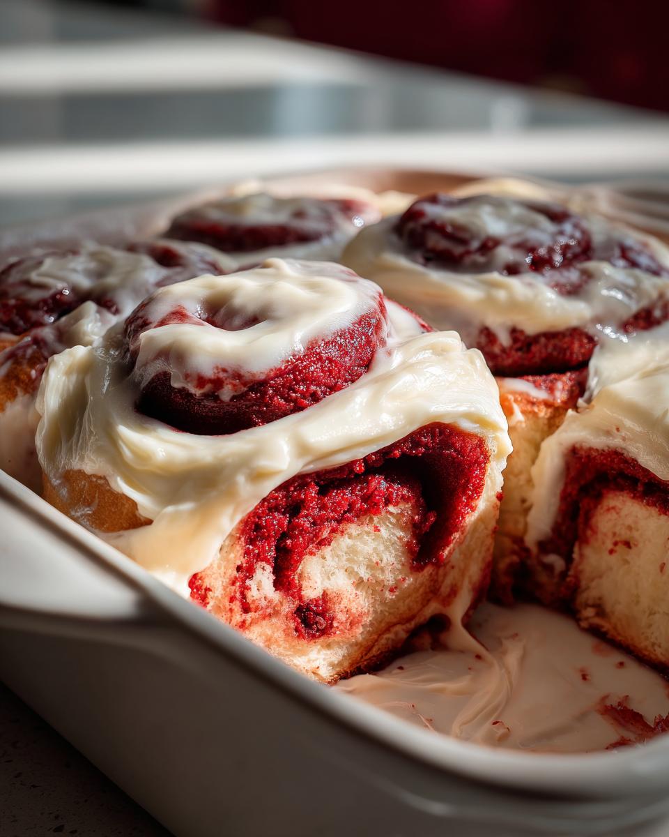 A close-up of several moist red velvet cinnamon rolls topped with thick cream cheese frosting in a white baking dish.