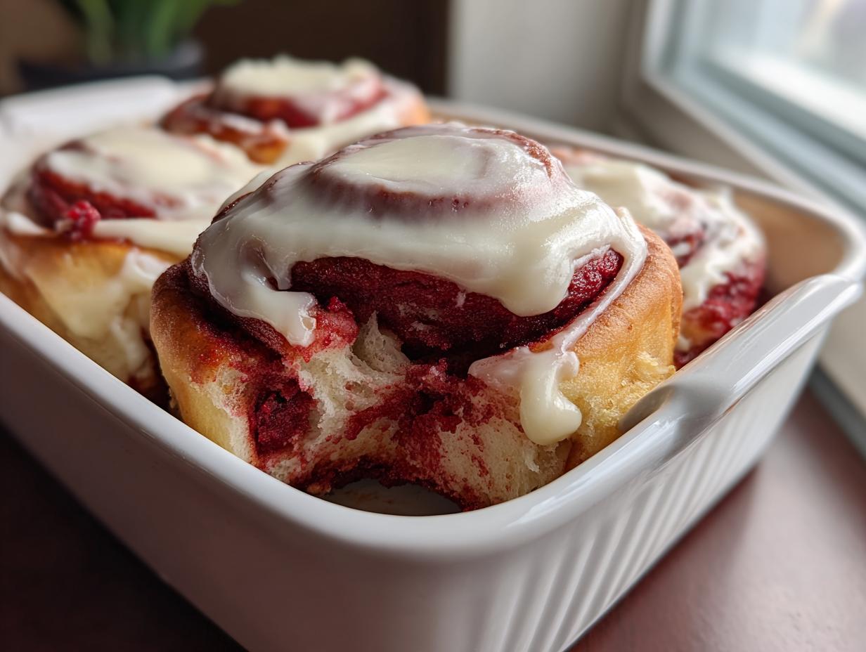 Close-up of gooey red velvet cinnamon rolls topped with thick white frosting in a white baking dish.