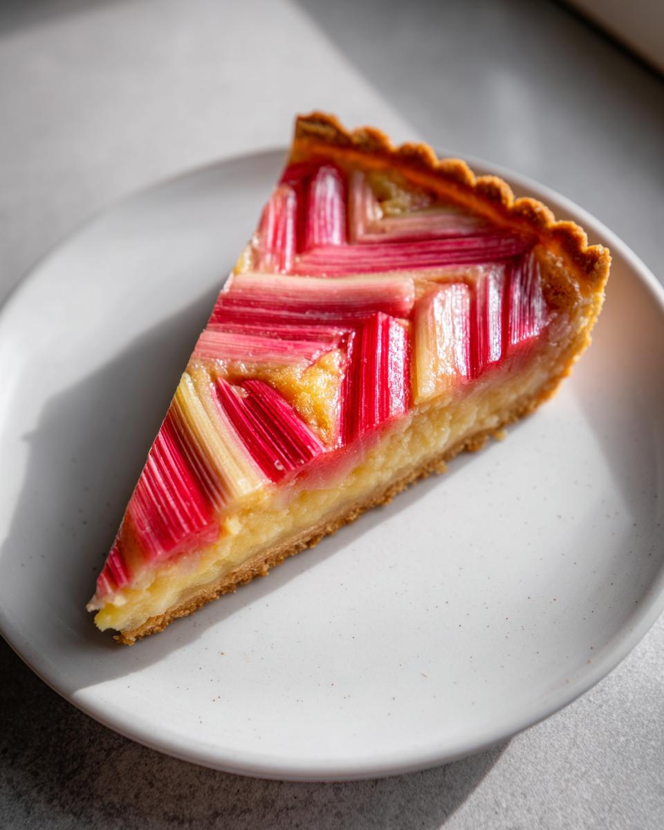 A close-up slice of Rhubarb and Almond Chevron Tart showing the vibrant pink rhubarb arranged in a geometric pattern over the almond filling.