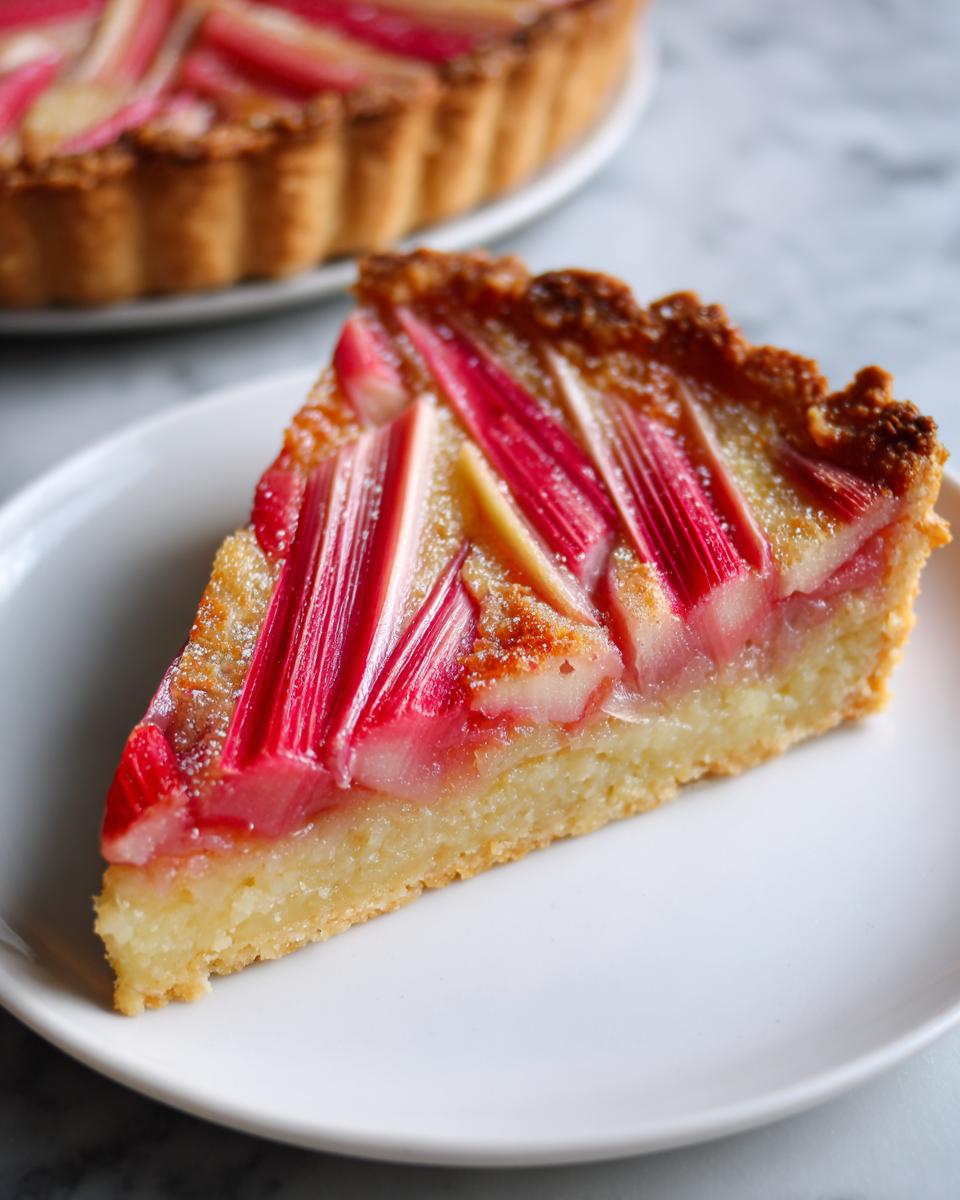 A close-up slice of Rhubarb and Almond Chevron Tart showing vibrant pink rhubarb arranged in a pattern over an almond filling and pastry crust.