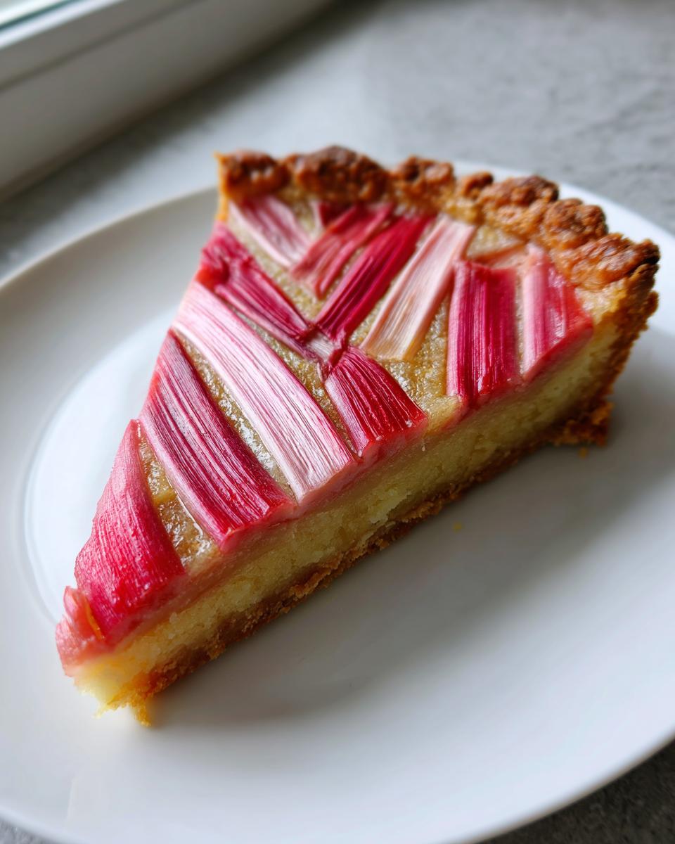 A single slice of Rhubarb and Almond Chevron Tart featuring bright pink rhubarb stalks arranged in a chevron pattern on a golden almond base.