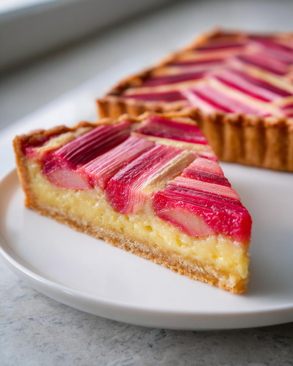 A close-up slice of Rhubarb and Almond Chevron Tart showing bright pink rhubarb stalks over a creamy almond filling.
