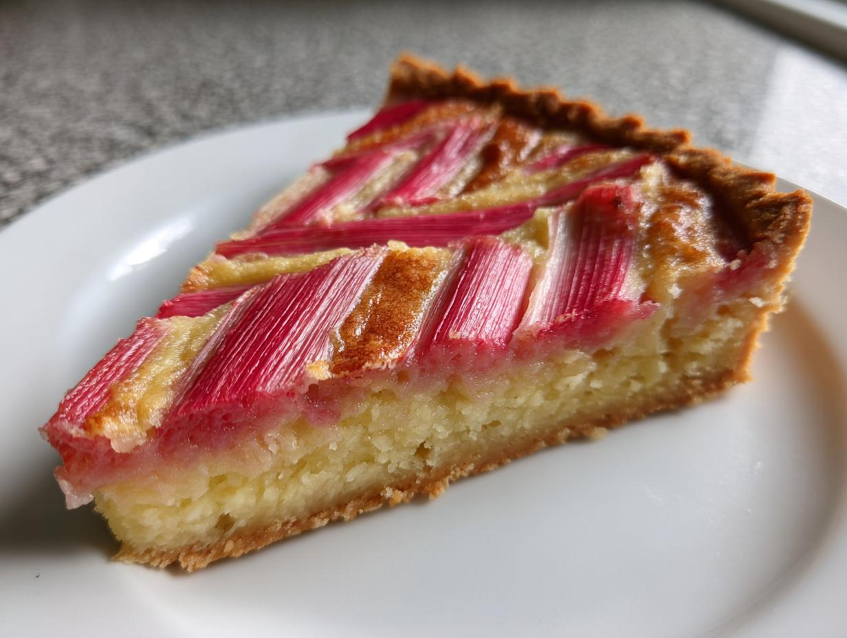 A close-up slice of Rhubarb and Almond Chevron Tart showing bright pink rhubarb stalks arranged decoratively over a golden almond frangipane filling.