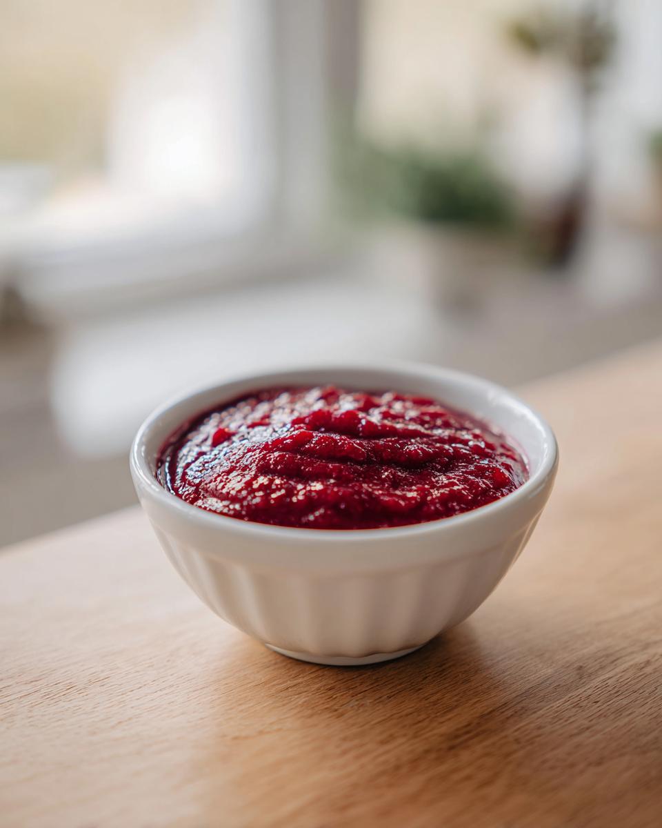 A small white bowl filled with vibrant, textured Rhubarb and Beetroot Ketchup on a wooden surface.