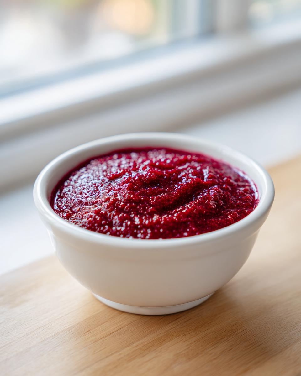 A white bowl filled with vibrant, deep red Rhubarb and Beetroot Ketchup, set on a light wooden surface.