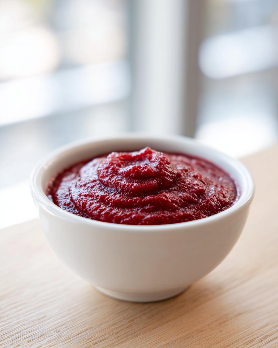 Close-up of deep red Rhubarb and Beetroot Ketchup swirled in a small white bowl on a wooden surface.