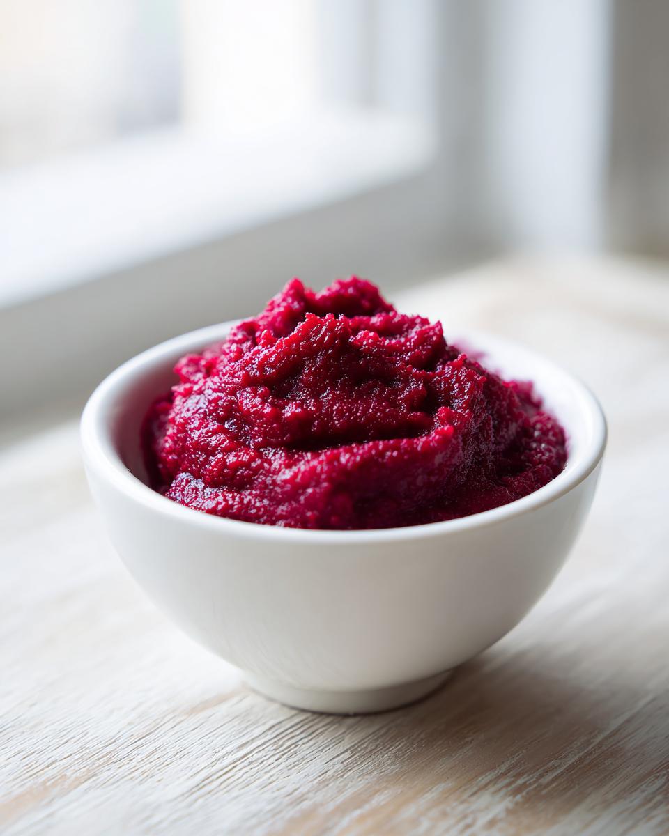 A small white bowl filled with thick, vibrant magenta Rhubarb and Beetroot Ketchup, set on a light wooden surface.