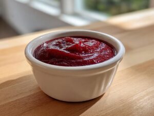 A small white bowl filled with deep red Rhubarb and Beetroot Ketchup, sitting on a wooden surface.