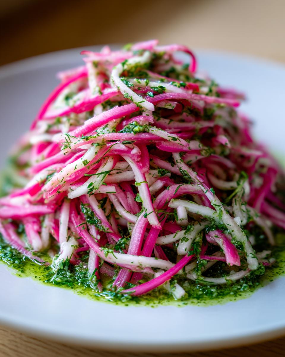 Close-up of vibrant Rhubarb and Fennel Slaw tossed in bright green chimichurri sauce on a white plate.