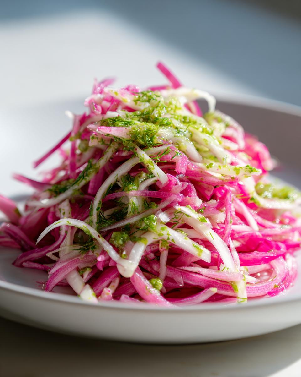 Close-up of bright pink rhubarb and white fennel shreds tossed in a green chimichurri dressing for Rhubarb and Fennel Slaw.