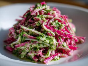 Close-up of bright pink rhubarb and white fennel strips tossed in a vibrant green chimichurri dressing, forming a Rhubarb and Fennel Slaw.