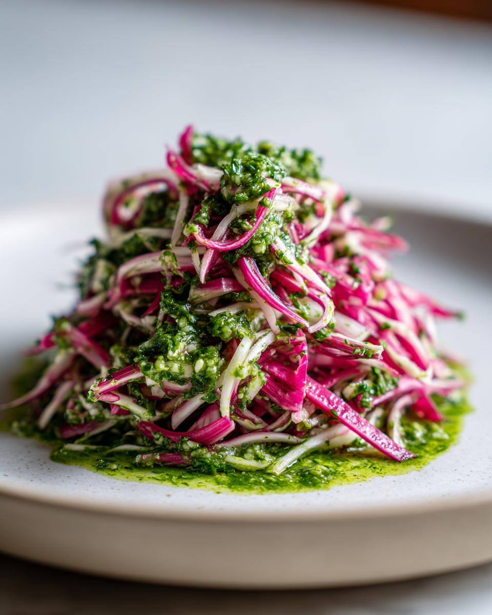 Close-up of a vibrant Rhubarb and Fennel Slaw with Chimichurri dressing piled high on a light plate.