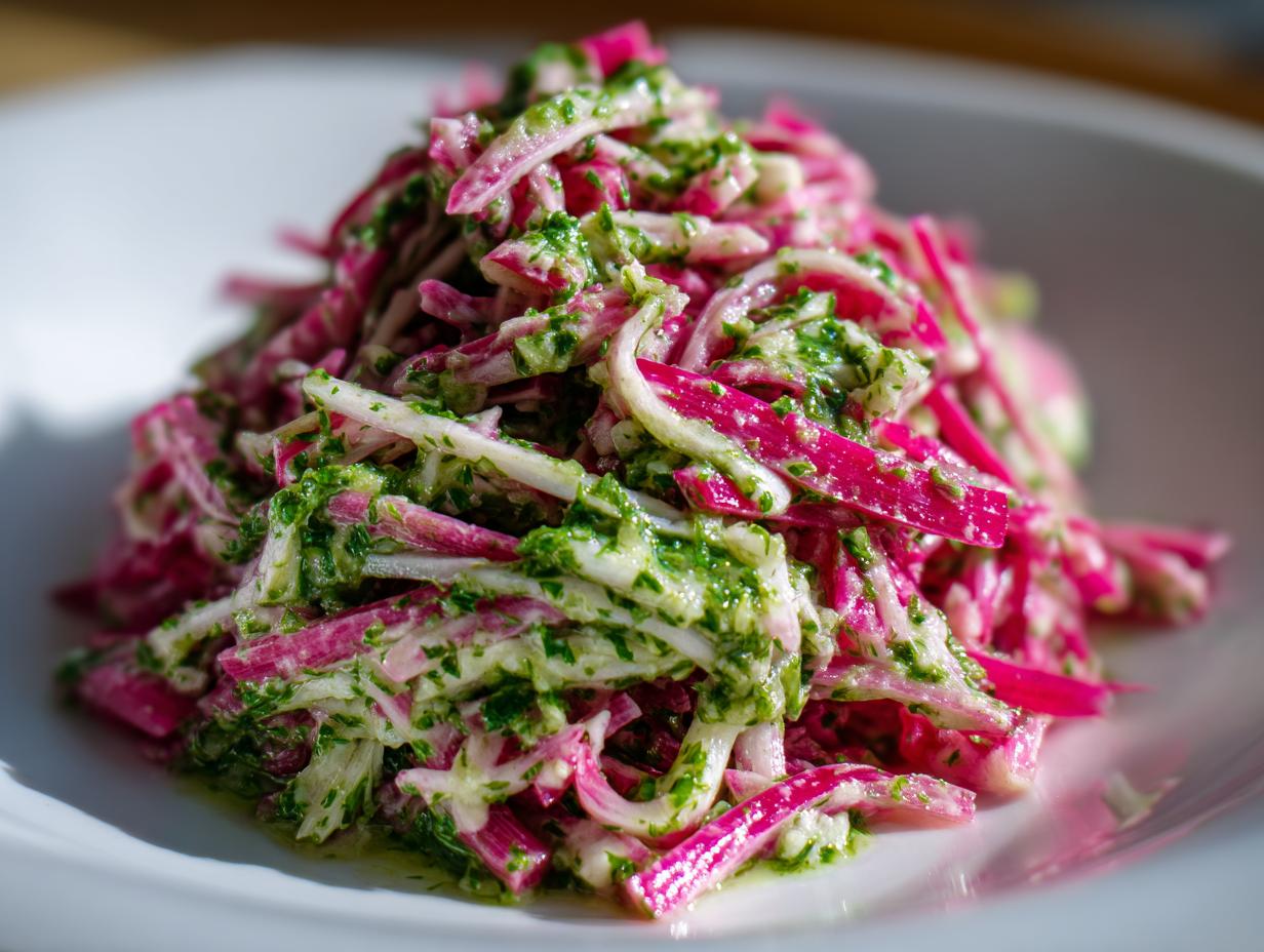 Close-up of bright pink rhubarb and white fennel strips tossed in a vibrant green chimichurri dressing, forming a Rhubarb and Fennel Slaw.
