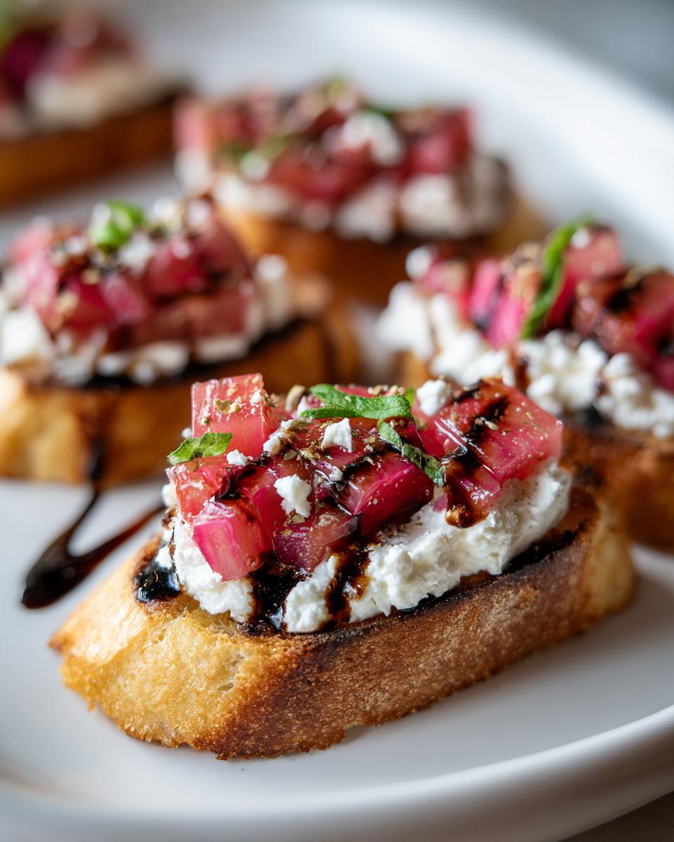 A close-up of one piece of Rhubarb and Goat Cheese Bruschetta topped with pink rhubarb, white cheese, and balsamic glaze.