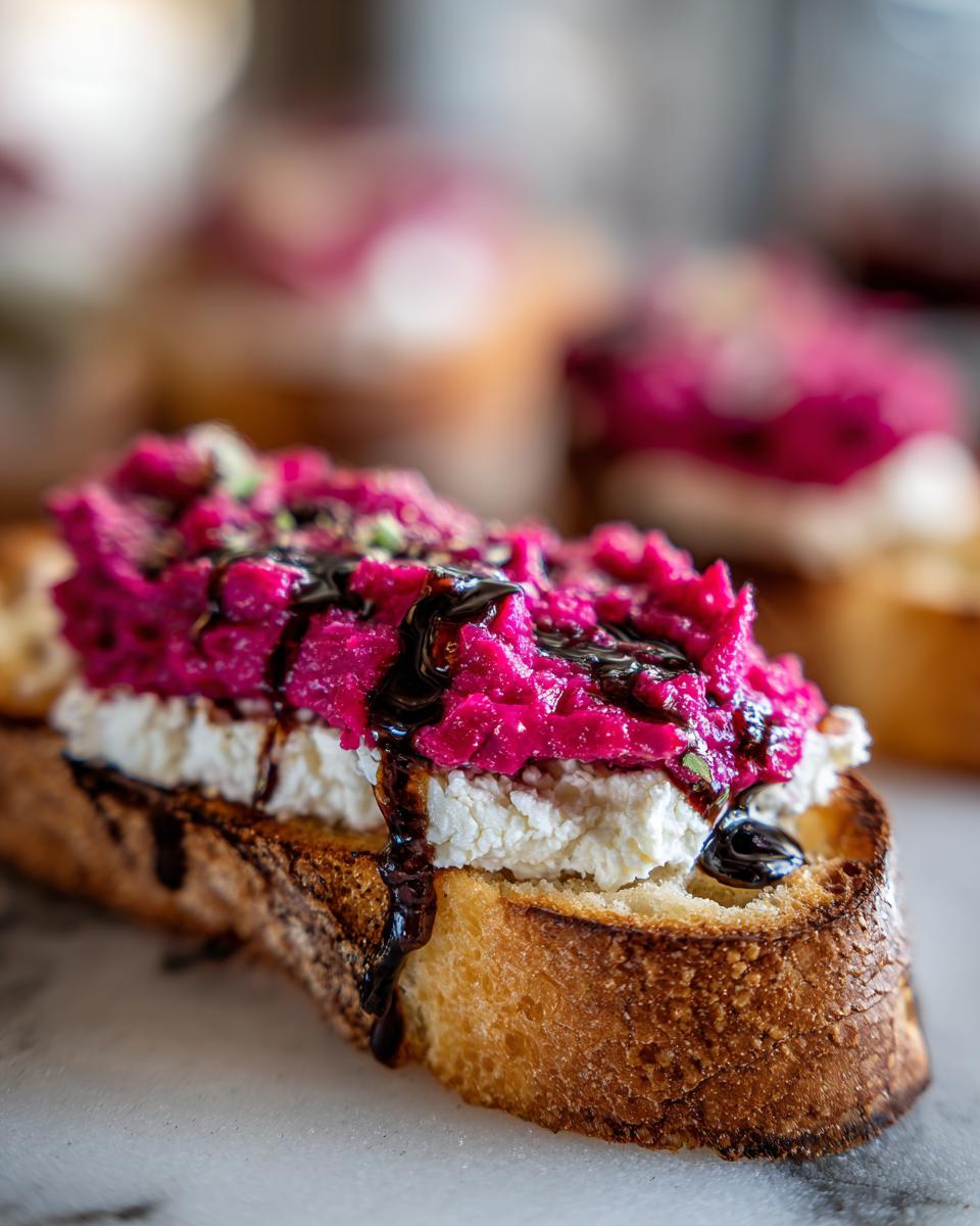Close-up of one slice of Rhubarb and Goat Cheese Bruschetta topped with bright pink rhubarb relish and balsamic glaze.