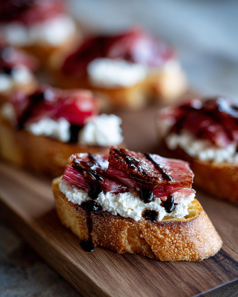 A single piece of Rhubarb and Goat Cheese Bruschetta topped with balsamic glaze on a wooden board.