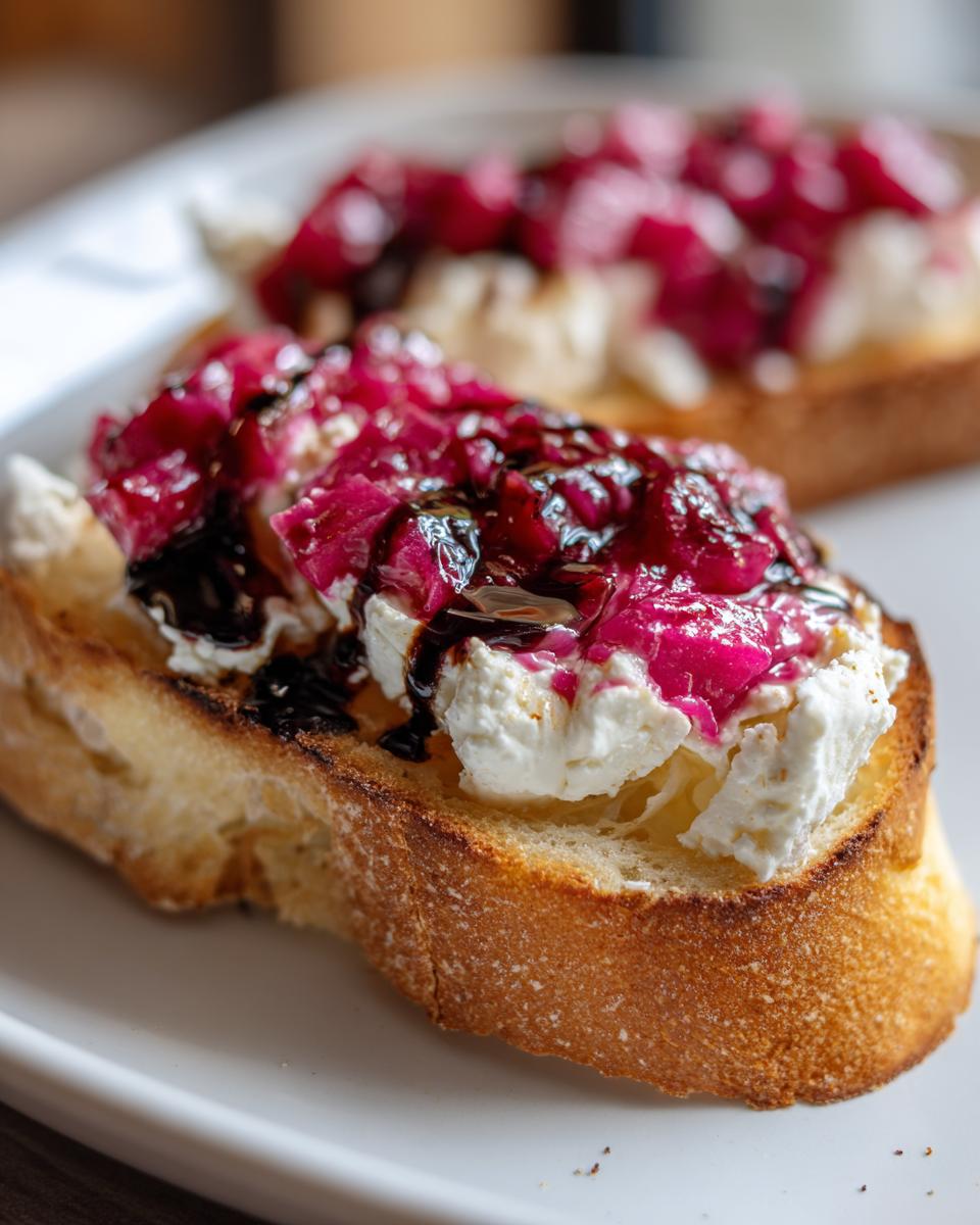 Close-up of one slice of Rhubarb and Goat Cheese Bruschetta topped with creamy goat cheese and bright pink rhubarb compote and balsamic glaze.