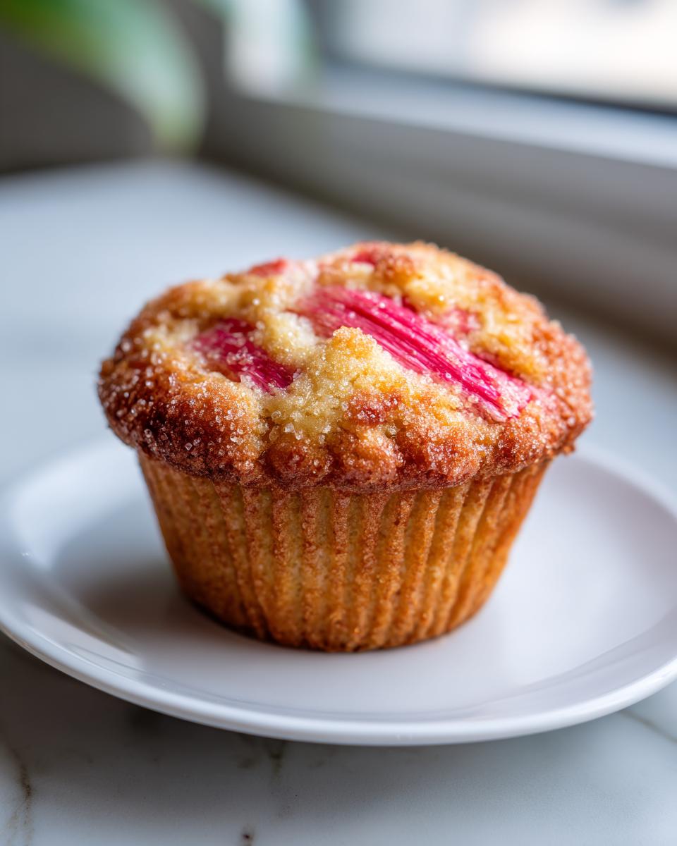 A single, golden-brown Rhubarb and Pecan Muffin topped with coarse sugar, resting on a small white plate.