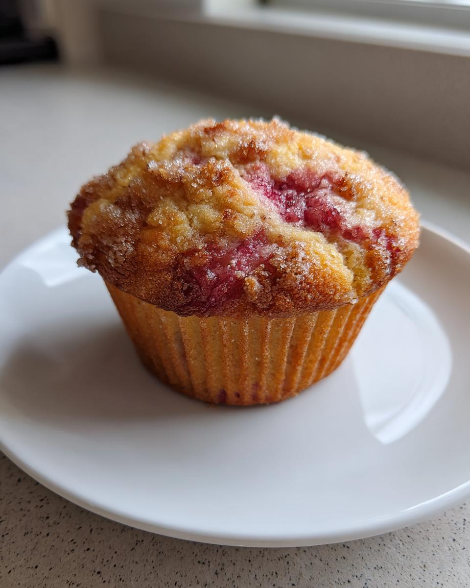 A single, golden baked Rhubarb and Pecan Muffin topped with coarse sugar, resting on a white plate.