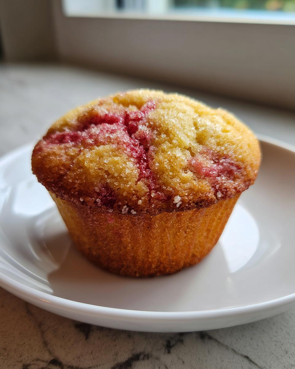 A freshly baked Rhubarb and Pecan Muffin with a golden crust and visible red rhubarb swirls, topped with coarse sugar.