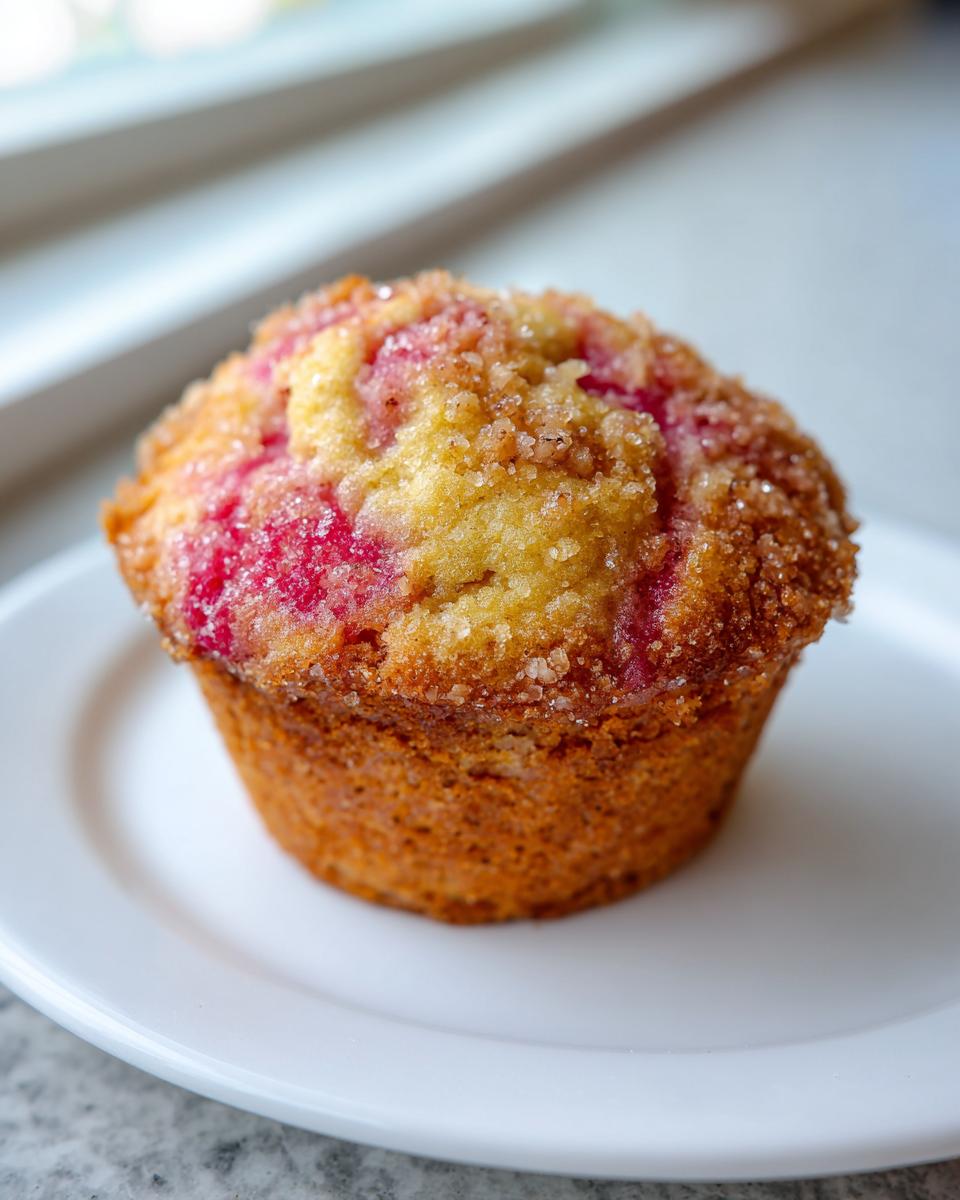A single, golden-brown Rhubarb and Pecan Muffin topped with coarse sugar, sitting on a white plate.