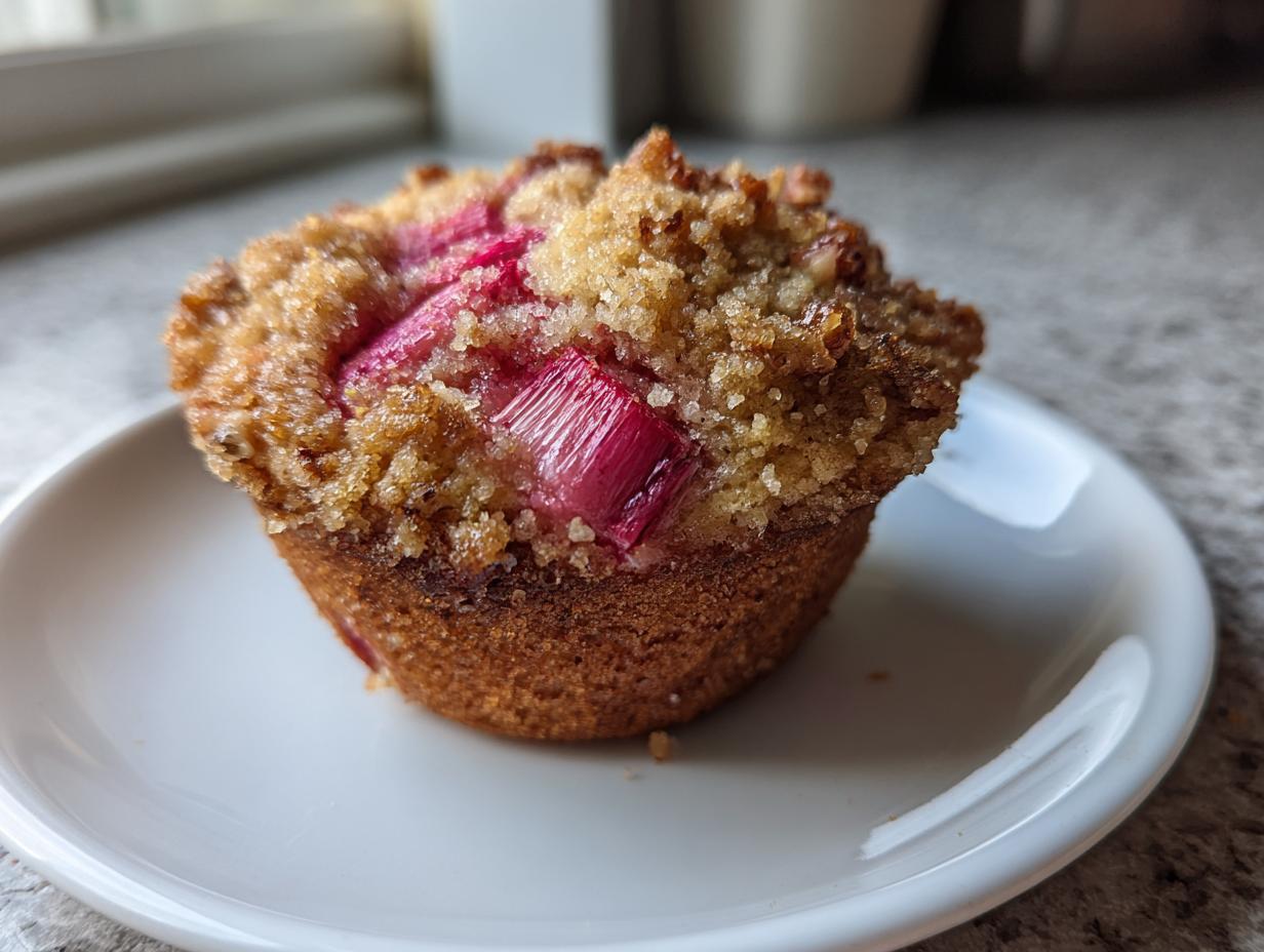 A single, freshly baked Rhubarb and Pecan Muffins with a crunchy brown sugar streusel topping, resting on a small white plate.