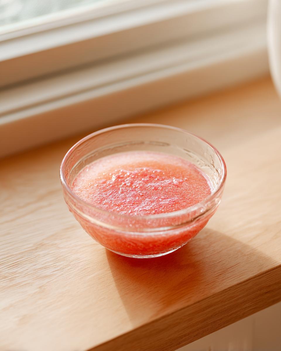 A small glass bowl containing blended pink Rhubarb and Shallot Vinaigrette sitting on a light wooden surface near a window.