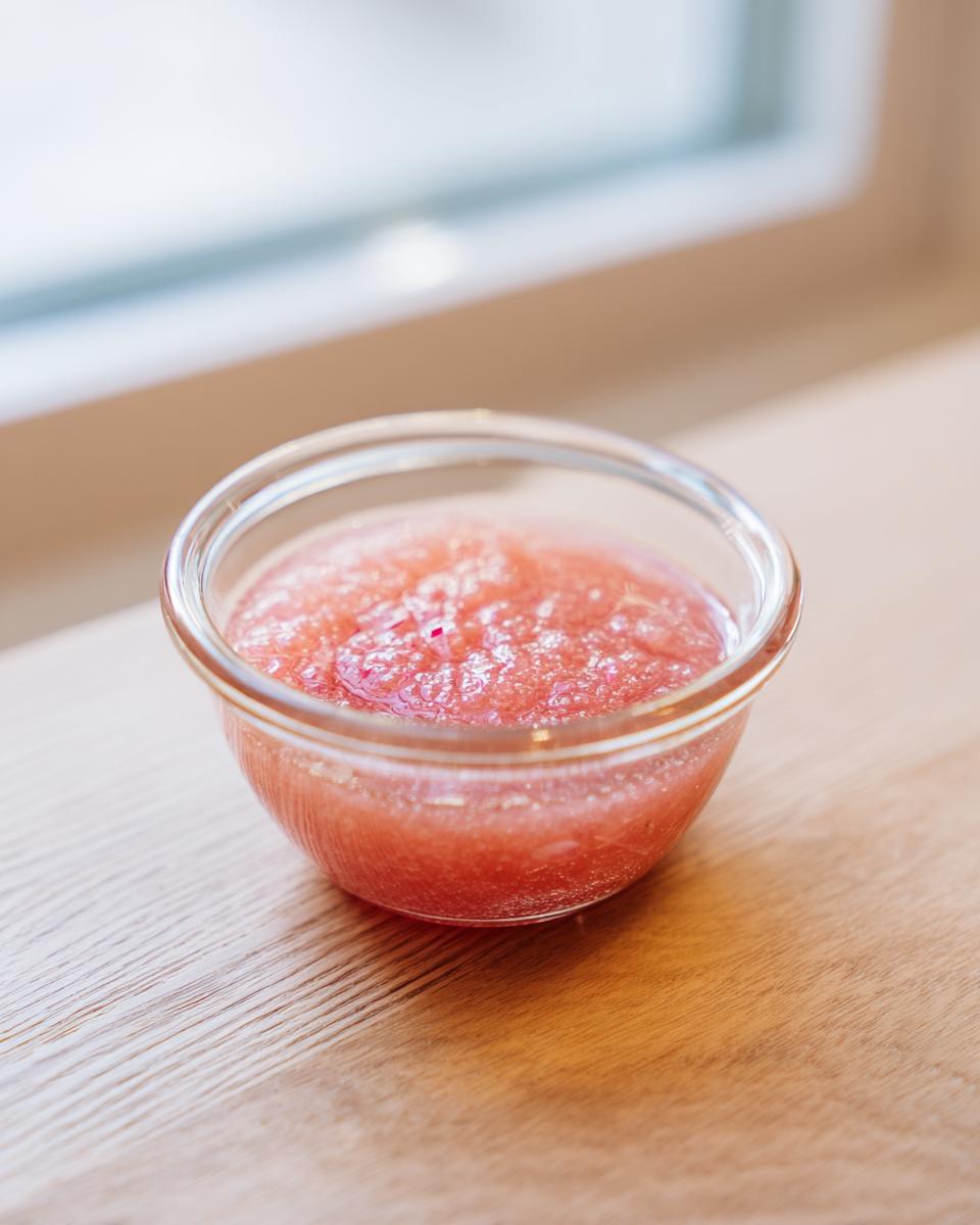 Close-up of pinkish Rhubarb and Shallot Vinaigrette in a small clear glass bowl on a wooden surface.