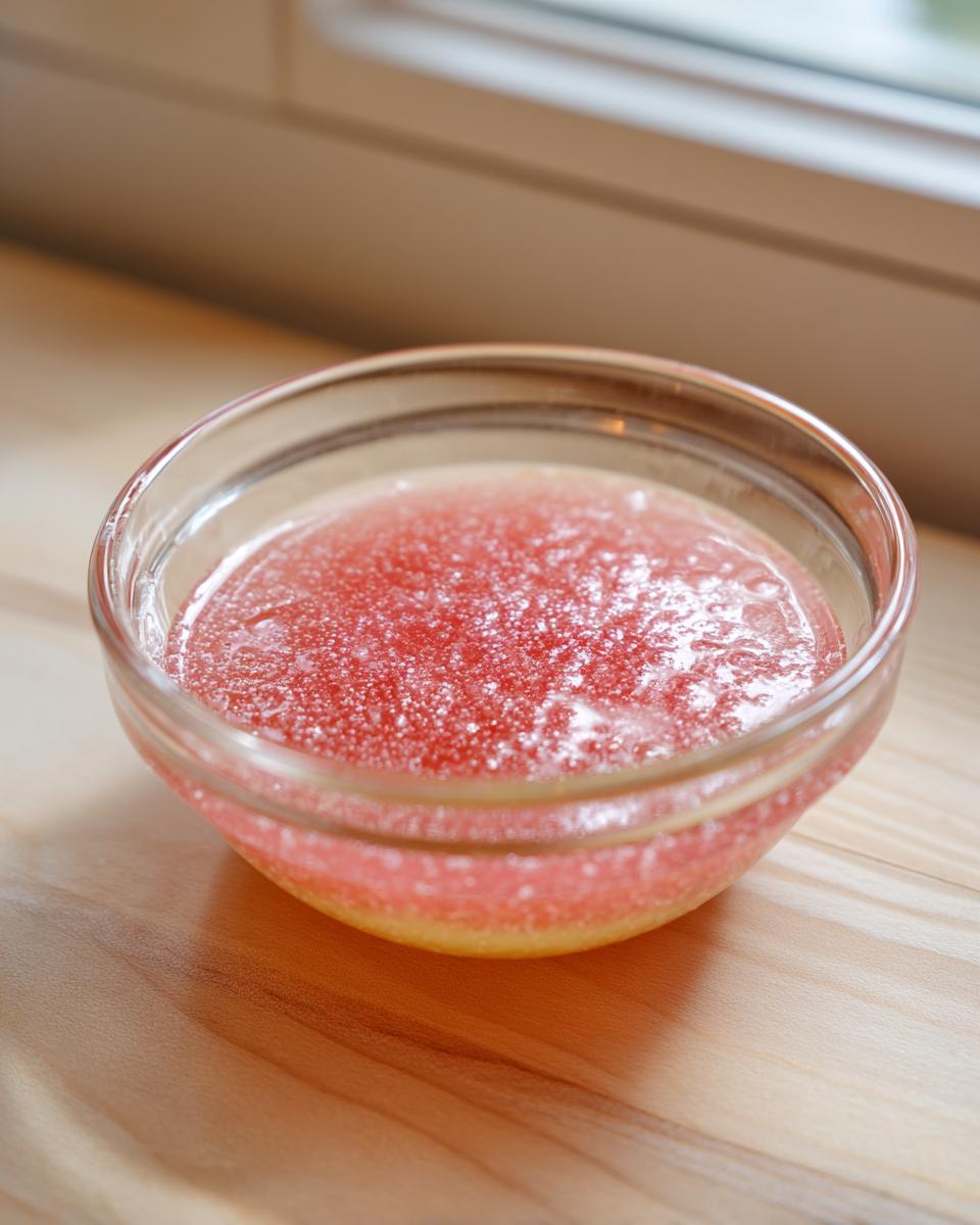 Close-up of pink Rhubarb and Shallot Vinaigrette mixture separated slightly in a small clear glass bowl.