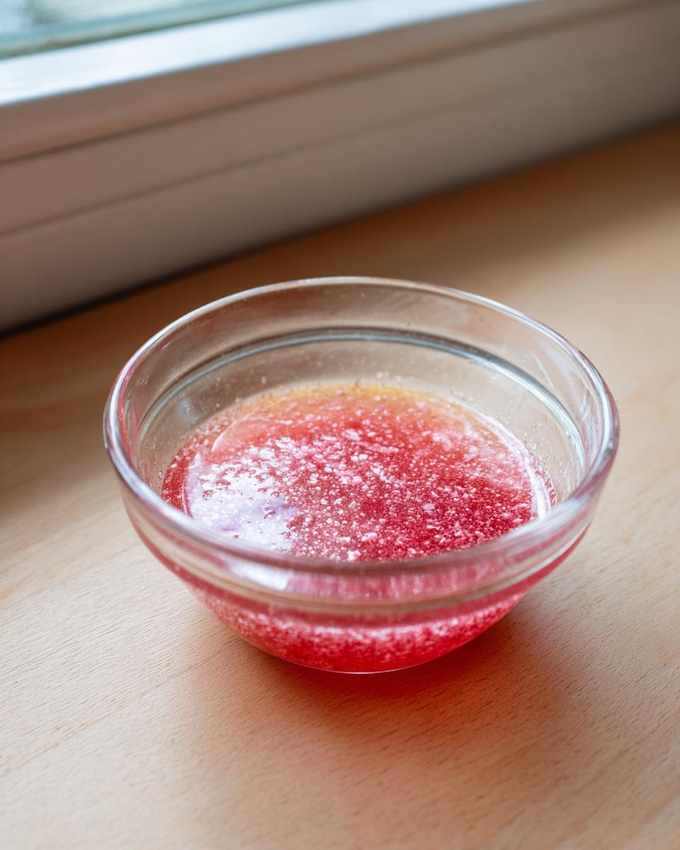 Close-up of bright pink Rhubarb and Shallot Vinaigrette mixture with small bubbles in a clear glass bowl.