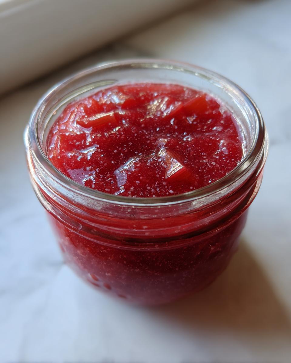 Close-up of vibrant red rhubarb cinnamon jam filled in a small glass jar, showing chunks of fruit.