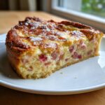 A thick slice of golden-brown Rhubarb Clafoutis with Stem Ginger, showing chunks of pink rhubarb in a creamy custard base.