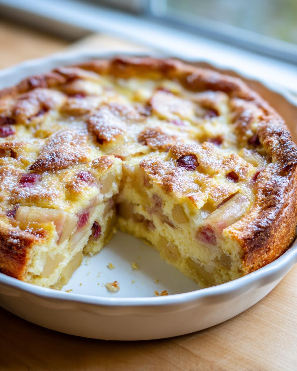 A freshly baked Rhubarb Clafoutis with Stem Ginger in a white dish, showing a slice removed to reveal the custardy interior.