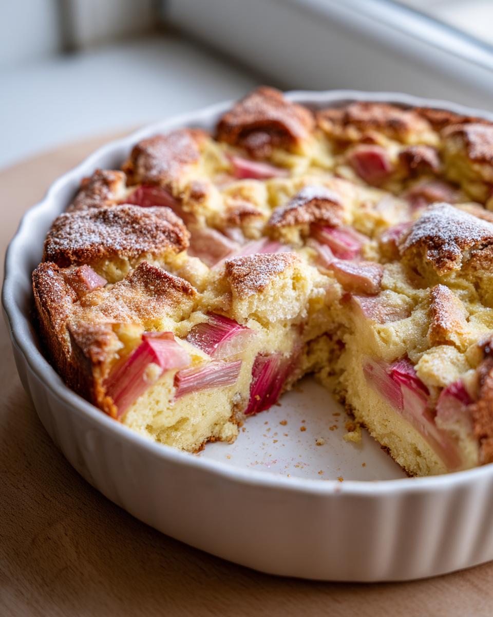A golden baked Rhubarb Clafoutis with Stem Ginger in a white dish, showing bright pink rhubarb pieces baked into the custard.