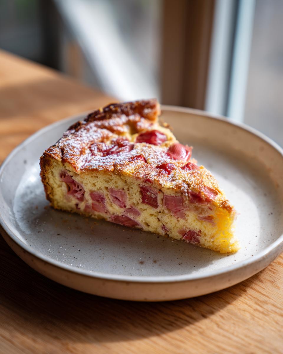 A close-up of a single slice of Rhubarb Clafoutis with Stem Ginger, dusted with powdered sugar, on a speckled plate.
