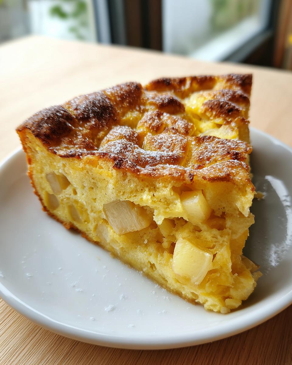 A close-up of a golden-brown slice of Rhubarb Clafoutis with Stem Ginger, showing chunks of fruit baked into the custard.