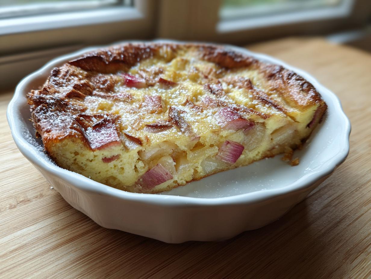 A slice of golden baked Rhubarb Clafoutis with Stem Ginger, dusted with powdered sugar, served in a white fluted ramekin.