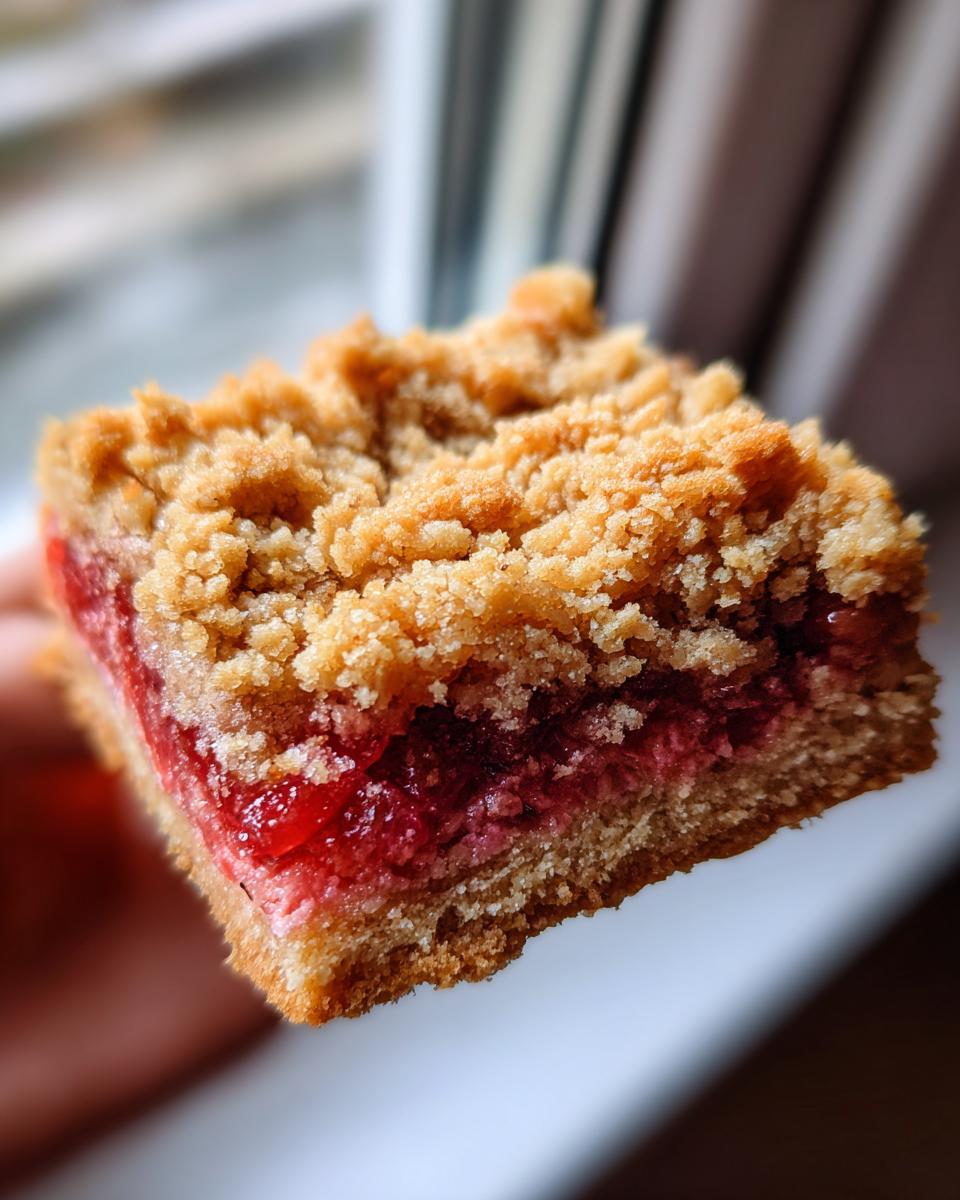 A close-up, handheld shot of a single, thick square of Rhubarb Compote Squares showing the crumbly topping and bright red filling.