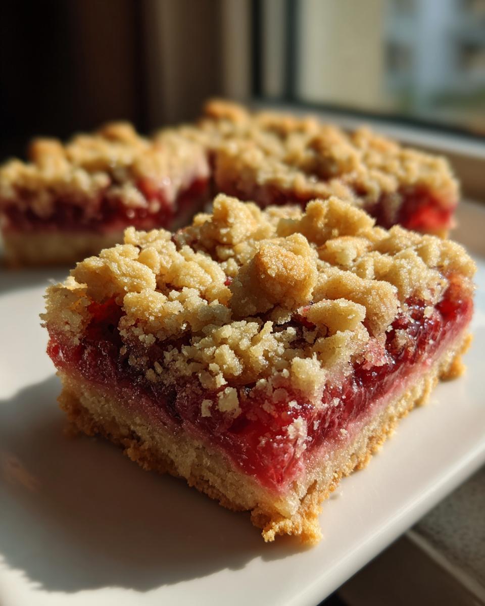 A close-up of a square piece of Rhubarb Compote Squares showing the buttery crust and bright red filling.
