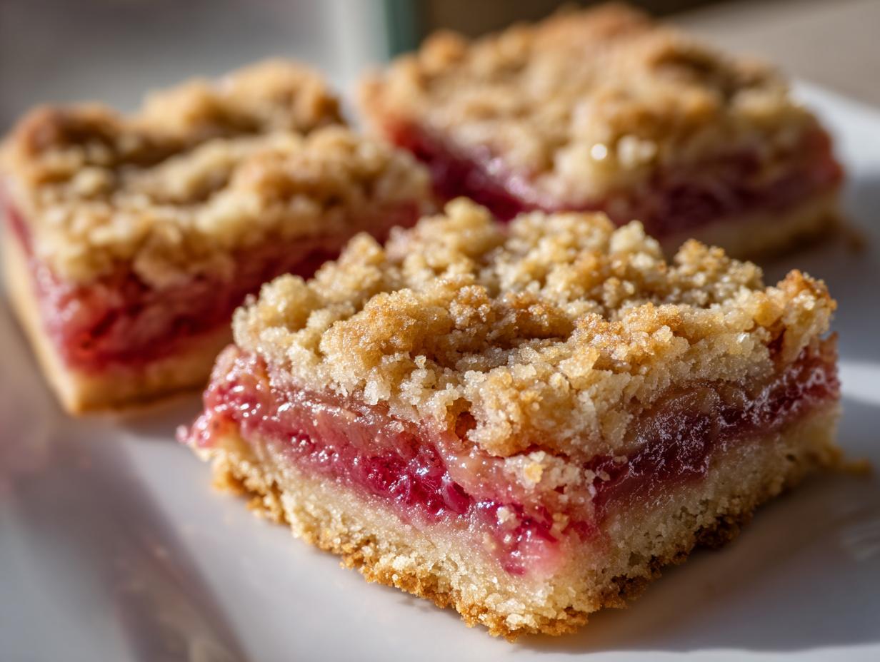Three golden-brown Rhubarb Compote Squares with a thick, bright pink rhubarb filling and crumb topping, served on a white plate.