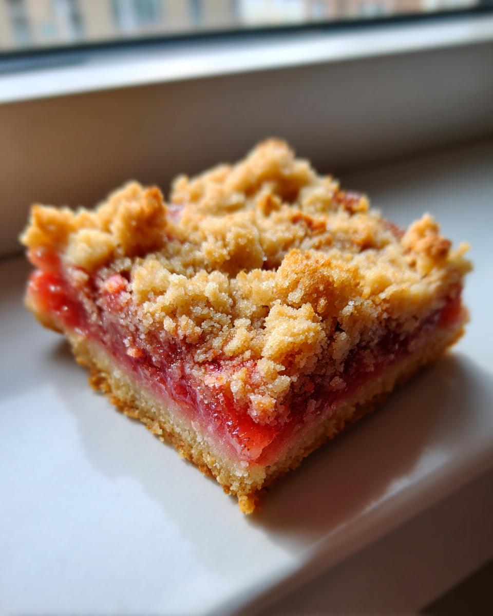 A single square of Rhubarb Compote Squares featuring a thick, bright red rhubarb filling and a golden, crumbly topping.