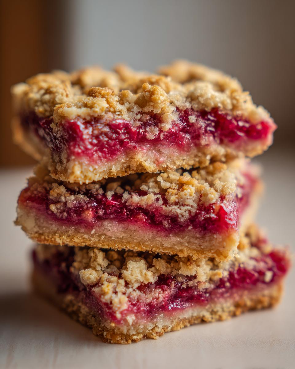 Three stacked squares of Rhubarb Compote Squares showing a thick layer of bright pink filling and a buttery crumble topping.